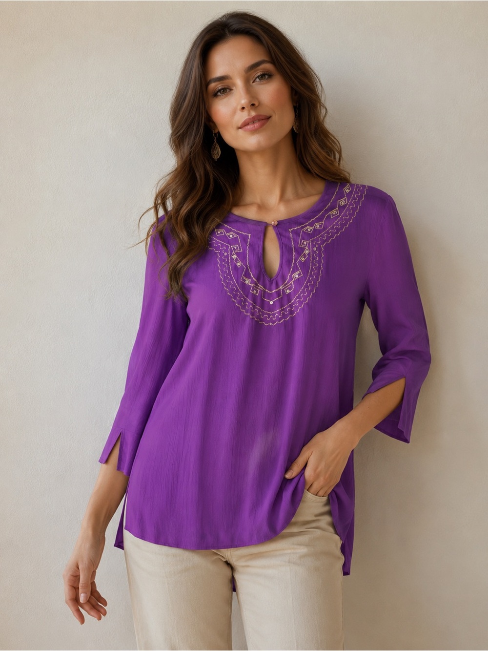 Elegant Blouse Purple Polyester Versatile Size S